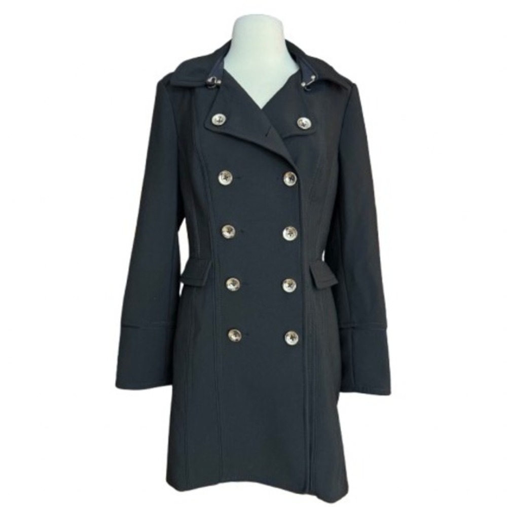 WHBM‎ Med Military Style Corporate Goth Pea Coat Gold Buttons Pleated Back